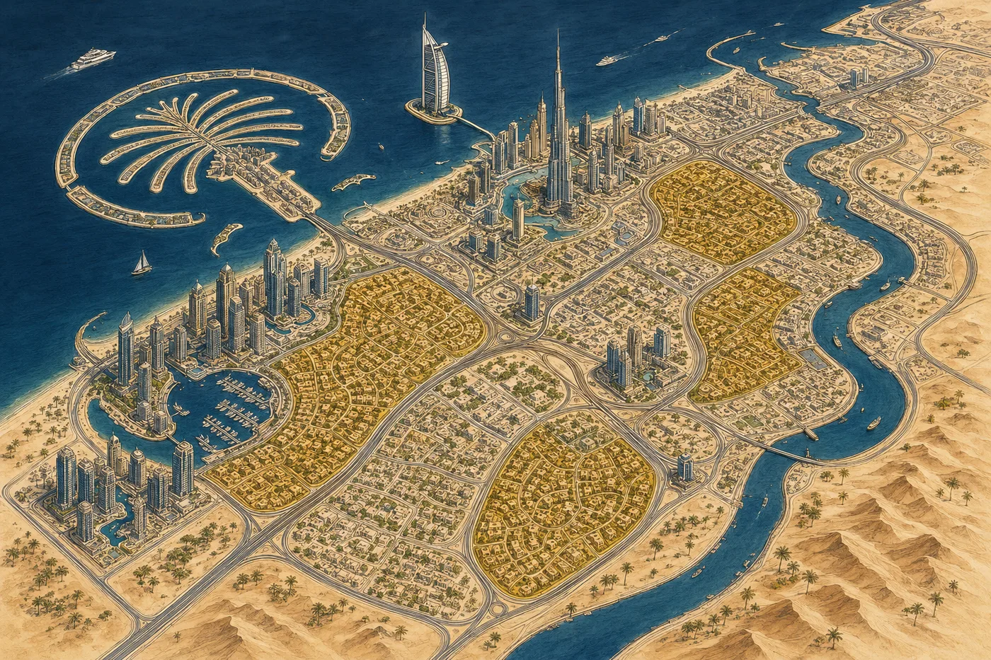 Illustrated isometric map of Dubai communities for buyers, from the Marina and the Palm to inland villa districts, for buying property in Dubai