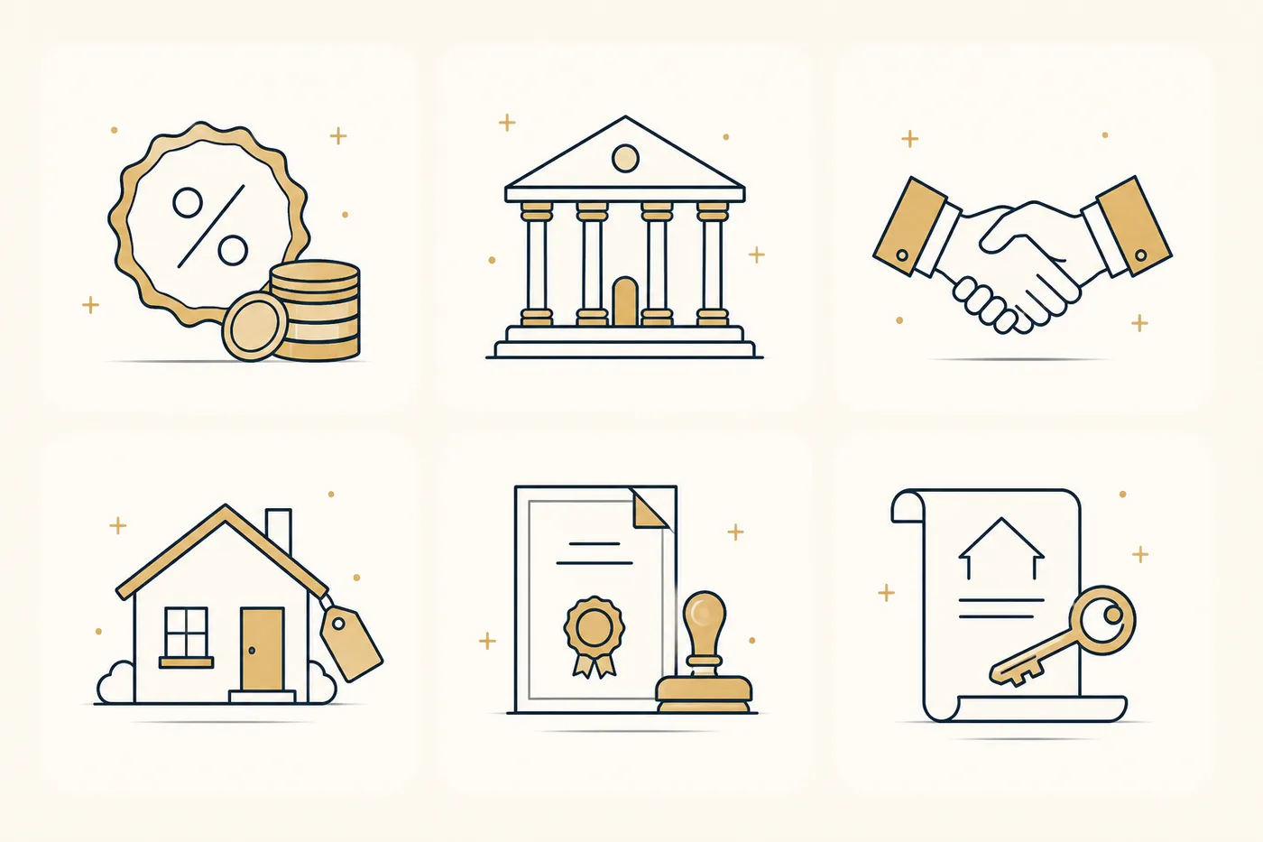 Line-icon breakdown of the upfront costs of buying property in Dubai: DLD transfer fee, agent commission, registration, NOC, mortgage and title deed