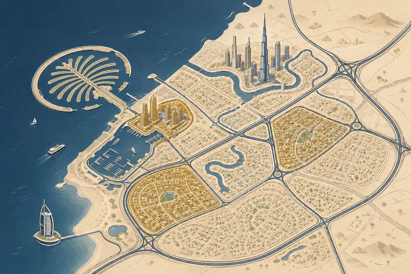 Illustrated isometric map of Dubai rental communities, from the Marina and the Palm to inland villa districts, for renting in Dubai